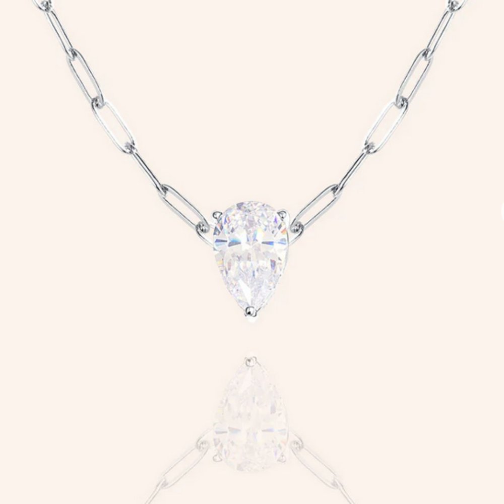 Cubic Zirconia Pear Cut Solitare Silver Necklace paper clip chain